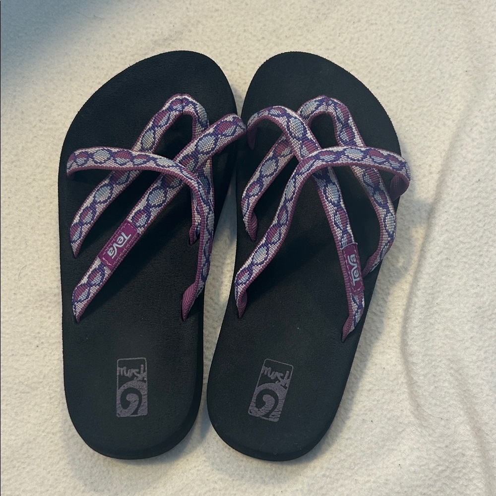 Kids Teva Black and Patterned Purple Flip Flops